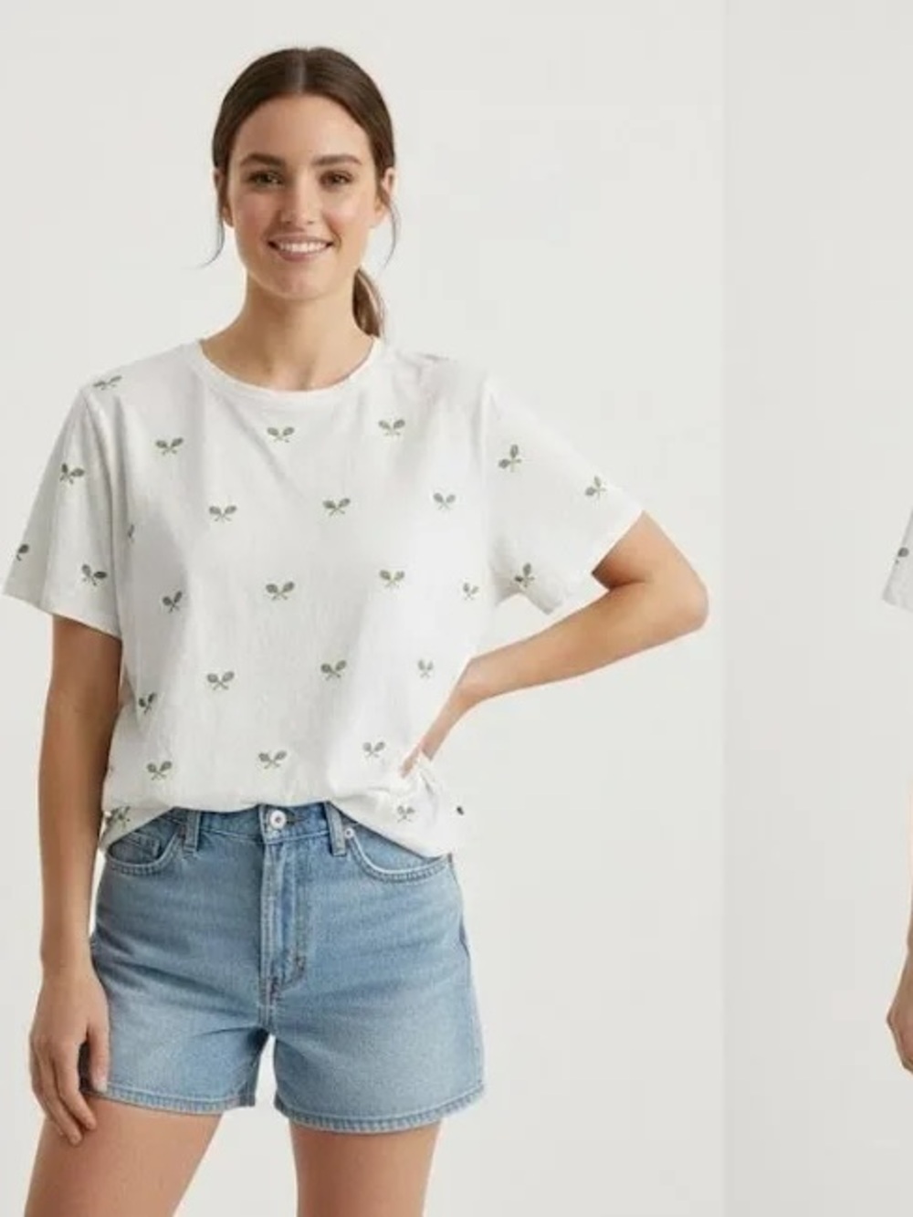 J. Crew White Short-Sleeve Tee with Green Tennis Motifs